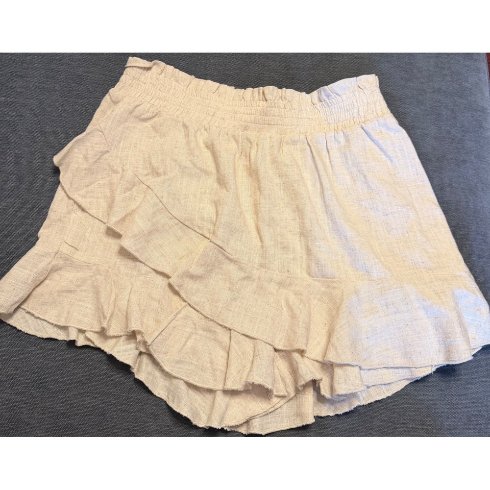 Umgee USA Linen Blend Ruffled Skort Beige Smocked Waist Boho Mini Skirt Shorts S